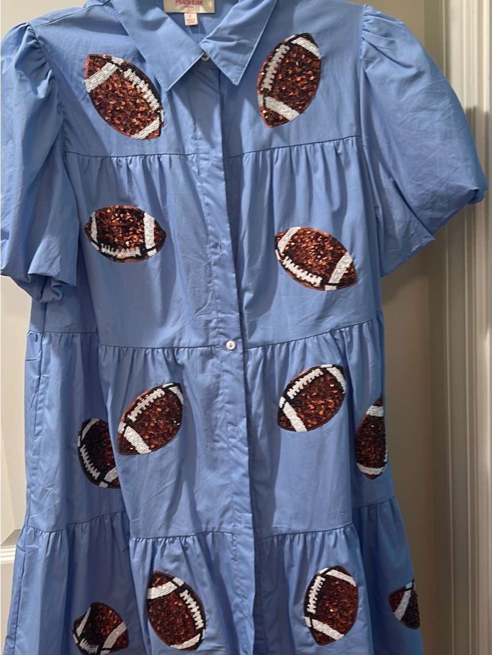 Peach Love California Light Blue Tiered Dress with Brown Sequin Footballs
